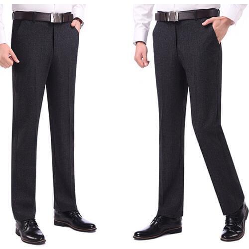Mens casual pants fitness straight polyester long trousers plus size 2019 fall winter dark grey dad business formal slacks