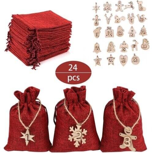 Christmas Advent Calendar Bags Set 24 Days Burlap Gift Drawstring Bags DIY Christmas Tree with Clips Xmas Decorations for Home