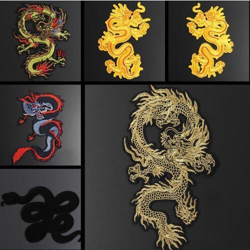 China Dragon series Patches For Clothing Iron On Biker Motorcycle Embroidered Punk Skull Badges Big Black snake Coat Accessory