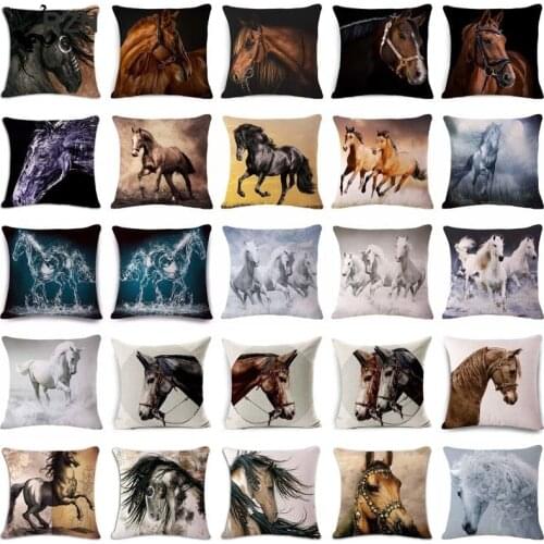 18'' Square Horse Printed Cushion Cover Vintage Cotton Linen Square Pillow Cover Knitted Cushion Covers Customized Drop Shipping