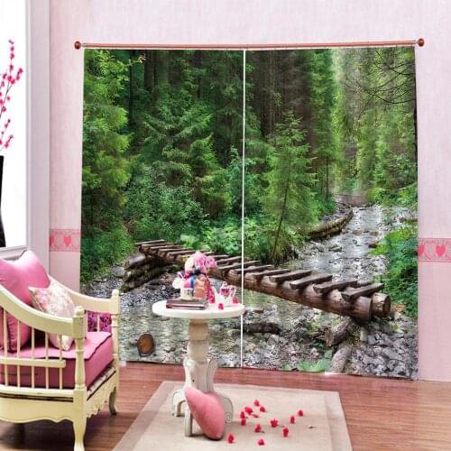 Autumn Woods landscape Curtain with Trees and Tree bridge in Forest Mountain Fabric Drapes For Living room Bedroom Sets
