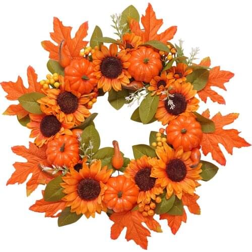Holiday Party Decor Sunflower Front Door Ornament Maple Leaf Pumpkin Natural Rattan Ring Fabric Leaves 56cm Christmas Garland