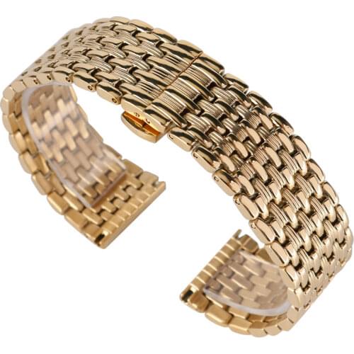 Solid Stainless Steel Watchband 18/20/22mm Gold Adjustable Replacement Watch Strap 2 Spring Bars Metal Bracelets for Men