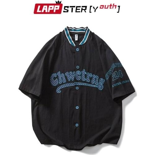 LAPPSTER-Youth Men Letter Causal Harajuku Korean Fashion Shirts 2021 Summer Mens Loose Button Up Shirt Male Cotton Vintage Shirt