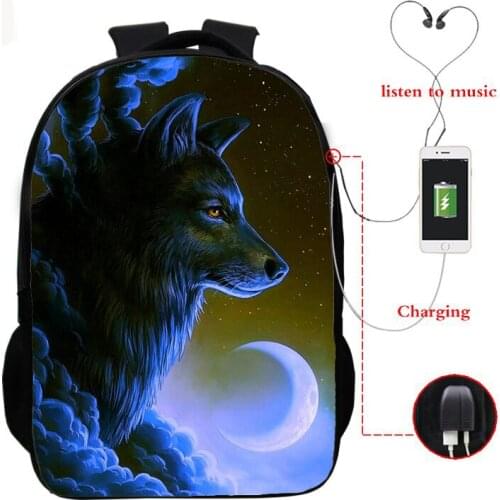 Mochila Wolf 3d Print Backpack Boys Girls School Bag Teenager USB Charging School Backpacks Men Bookbag College Back To School