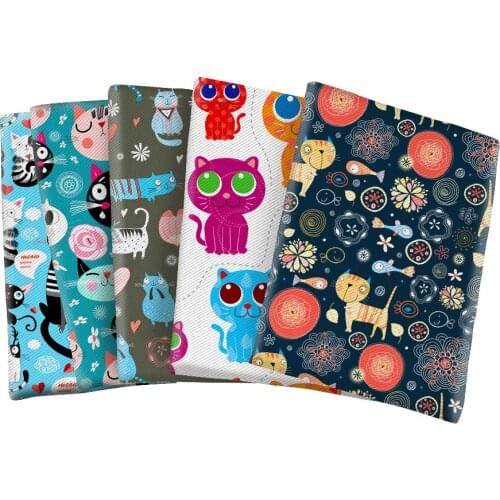 Cute Cats Polyester Cotton Fabric Printed Twill Fabric Patchwork Sewing Material for DIY Crafts, Bowknots, Baby Scarves 50*145CM