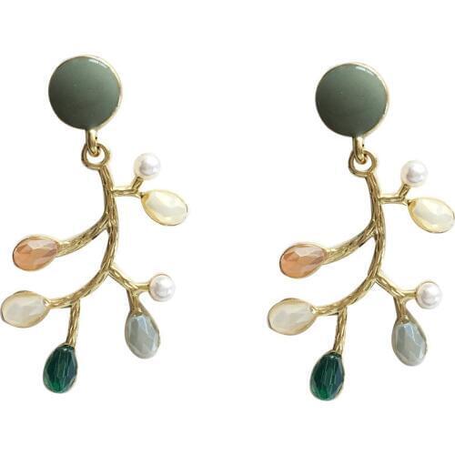 Clip Earrings Japan Forest Vintage Branch Tree with Colorful Leaf Stone Clip on Earrings No Piercing Ears Hole Elegant Women