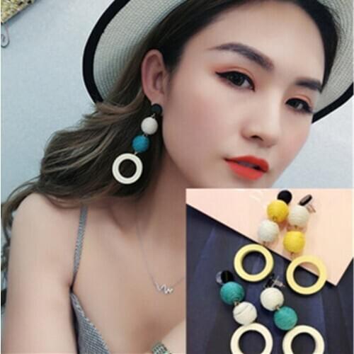 Korean Net Red Earrings Girl Retro Temperament Linen Twine Hit Color Ball Wood Circle Wooden Earrings Womens Jewelry