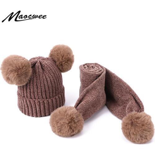 New 2 Piece Winter Hat Hat Scarf Fur Baby Hat Hat Cotton Pom Pom Knit Warm Hat Kid Furry Ball Hat Set Hat High Quality Solid Set