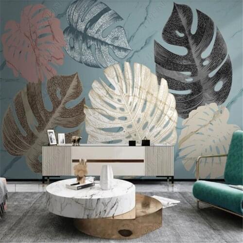 Modern Minimalist 3D Wallpaper for Living Room Blue Stone Pattern Tropical Plant Leaf TV Background Murals Wall Paper Home Decor