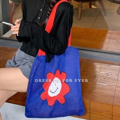Knitting Wool Hand Bag Laziness-Style INS Korean Hyuna Sun Flower Design Simple Tote For Women Travel Shopping Student Book Bags