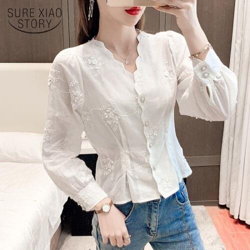 2021 Summer New Stereoscopic Embroidered White Blouse Cotton Floral Long Sleeve Womens Shirt Fashion Ladys Shirt Chic 13875