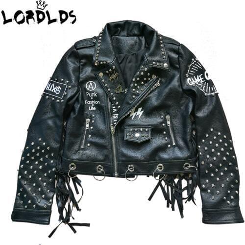 LORDLDS Women Black Leather Tassel Jacket 2019 Streetwear zipper rivet Fashionblogger Punk Jackets woman Coats Outwear