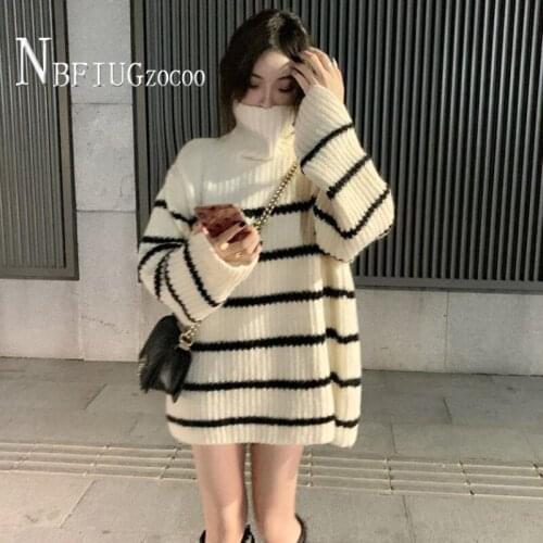 2020 Autumn Top Women Lazy Style Stripe Turtleneck Women Sweater Students Korean Loose Female Sweaters