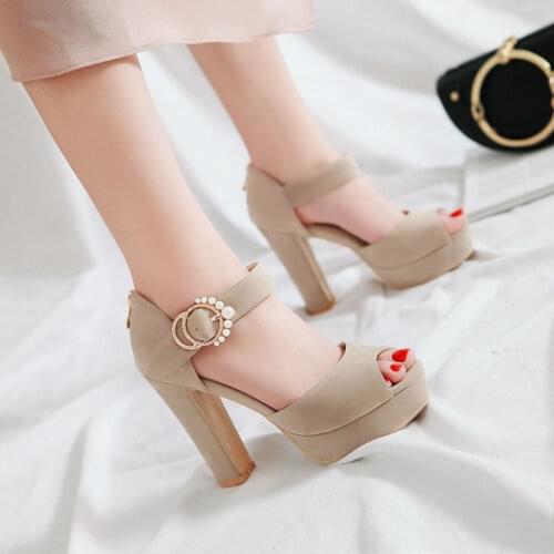 Ochanmeb 2021 Chunky Heels Platform Sandals Women Pearls Buckled Strap Open Toe Faux Suede Beige Nude Black Shoes Sandal Size 43