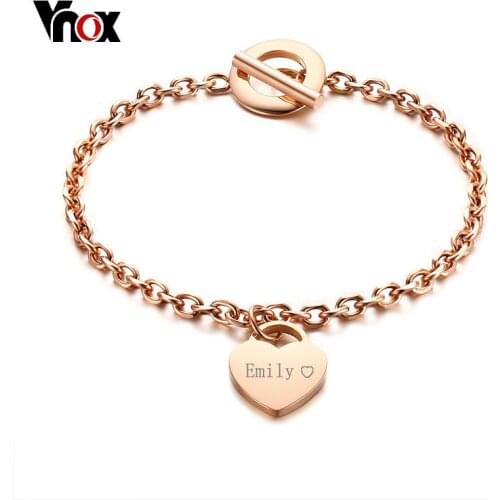 Vnox Personalised Gifts Heart ID Charm Bracelets for Women Free Engrave Name Stainless Steel Link Chain Bracelets & Bangles