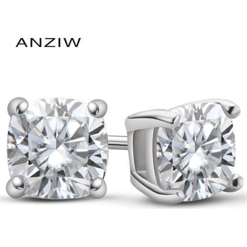ANZIW D color 1ct Moissanite Stud Earrings 925 Silver 6mm Cushion cut Moissanite Created Diamond Earring for Women Jewelry Gift