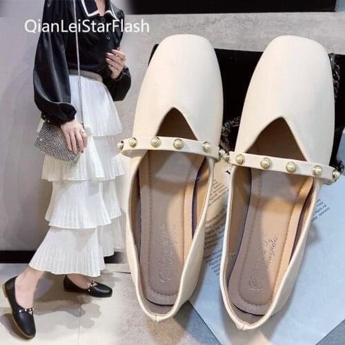 Women Flats Pearl Mary Janes Shoes Square Toe Slip on Flat Shoes Woman Girls Bead Princess Shoes Black White Spring Autumn