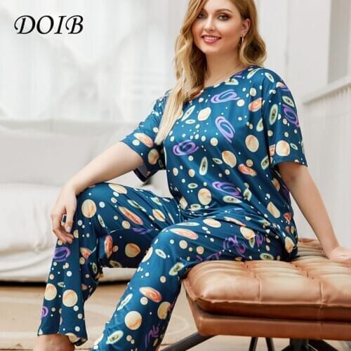 DOIB Plus Size Pajamas Set Women Print T-Shirt+Long Trousers Large Size Homewear Two Pieces Suit Nightwear Sleepwear