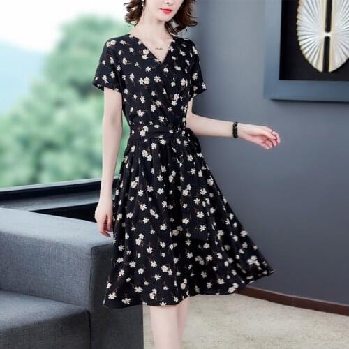 2021 Summer Black Daisy Floral Chiffon Beach Midi Dress Women Vintage Casual 3XL Plus Size Dress Elegant Bodycon Party Vestidos