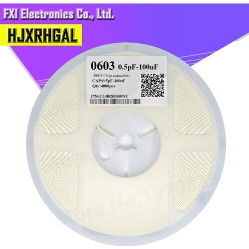 1reel 4000pcs 0603 50V SMD Thick Film hjxrhgal Chip Multilayer Ceramic Capacitor 0.5pF-22uF 10NF 100NF 1UF 2.2UF 4.7UF 10UF 1PF