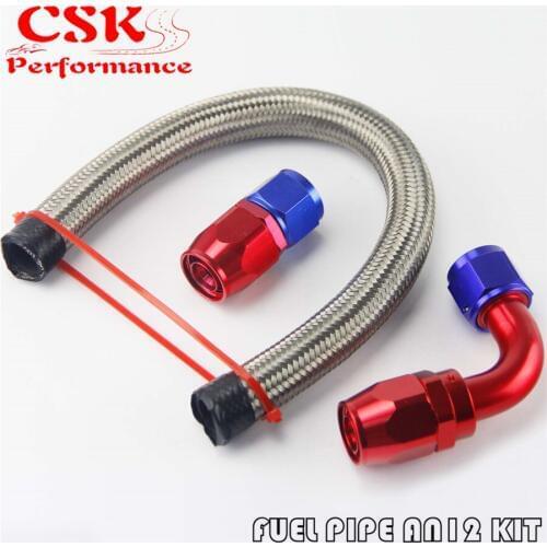 1FT AN12 Stainess Steel Braided Oil Fuel Hose+ 90 Deg & Straight Swivel Fittings