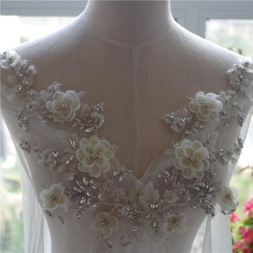 2 pcs Rhinestone Bead Applique With Artificial Flowers, Heavy Bead Handmade Rhinestone Florals Motif Bodice, Crystal Headpiece