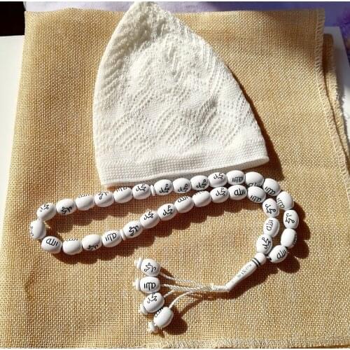 2pc/lot Muslim Men Prayer Hats & tasbih masbaha Beanie Turkish Arabic knitted Hat Crochet Islamic Caps with tespih misbaha