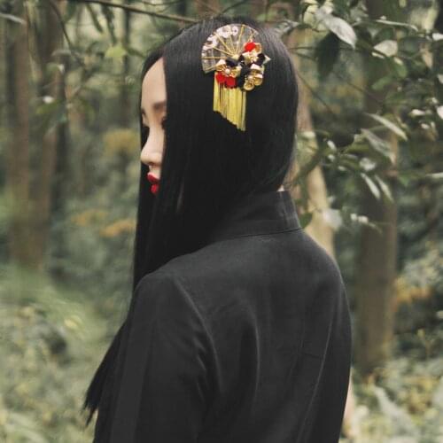 2018 Japanese style Vintage Floral Sea wave Fan hair accessories Pendant black Gold Twin flowers Hair Jewelry