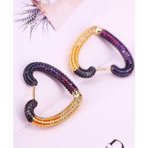 3Pair New full micro pave colorful rainbow cz heart hoop earring fashion women jewelry