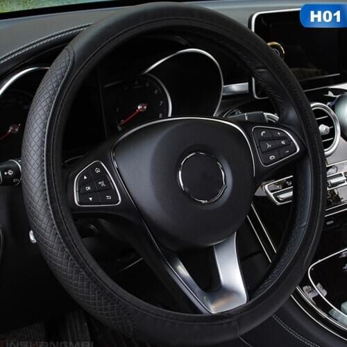 37-38cm Car Steering Wheel Cover Breathable Protector Anti Slip Steering Covers Black Suitable Auto Decoration PU Leather