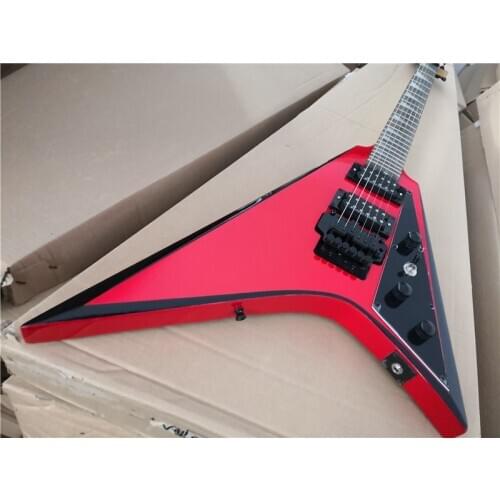 Custom 6 string guitar,irregular V shape red body ,black stripe,tremolo bridge H pickups,black hardware