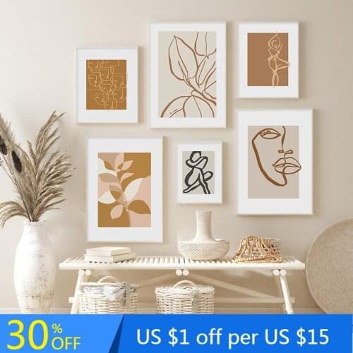 Abstract Boho Hand Drawn Sketch Figure Plants Line Canvas Painting Wall Art Poster Print Picture for Living Room Home Decoration