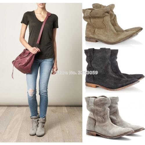 Designer Cowboy Retro British Style Women Boots Folded Over Chic Gladiator Boots Nude Grey Suede Flat Casual Motorcycle Boots