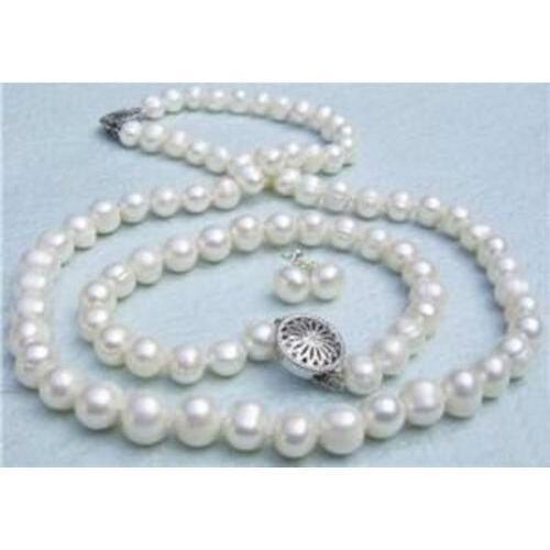 Beautiful 2015 New Fashion 8-9mm Genuine White Akoya Cultured Pearl necklace bracelet Earrings set Jewelry Wholesale and retail