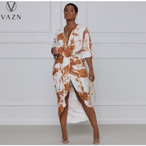 VAZN 2021 summer hot sale women casual holiday style dresses half sleeve deep v dresses printed mid long dresses