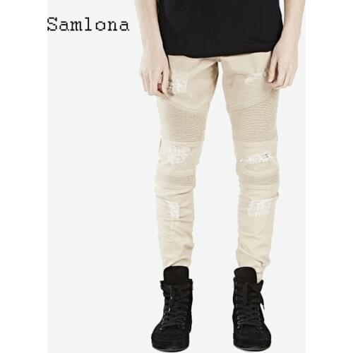 Samlona Men Jeans Denim Pants 2021 Autumn Slim Bottoms Pant Male Patchwork Hole Ripped Denim Jeans Pencil Trousers Mens clothing