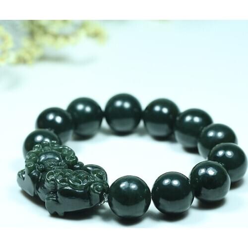 Natural Hetian Jade 16mm Beads Tiger Elastic Bangle Bracelet Charm Jewellery Fashion Carved Pixiu Amulet Gifts for Men Woman