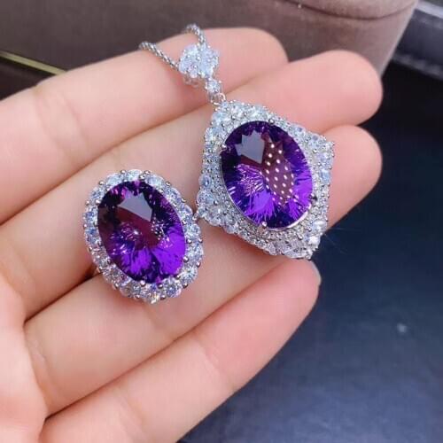 New Arrival Natural Real Amethyst jewelry set Natural Real Amethyst 925 sterling silver 1pc pendant,1pc ring