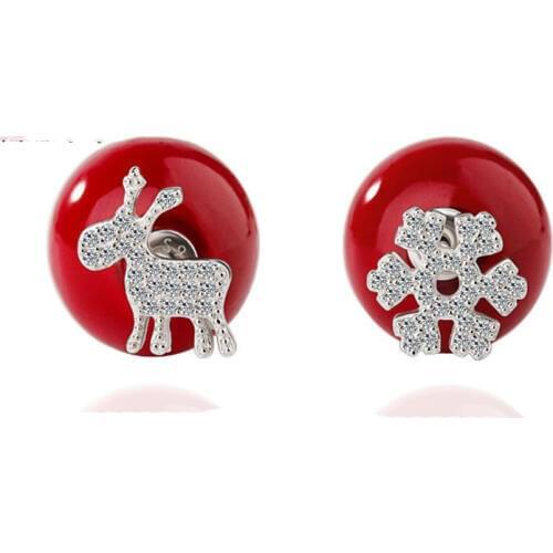 New Girls Cute 925 Sterling Silver Jewelry Red Lovely Fawn Snowflake Stud Earrings For Women Christmas Gifts