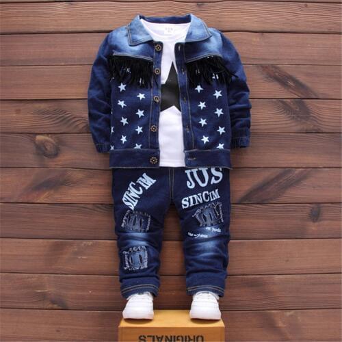 Autumn baby girl clothes cotton long sleeve solid start jacket top jeans pants 3pcs Denim tracksuit baby boy clothing set