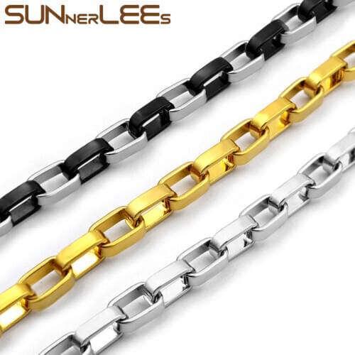 SUNNERLEES Stainless Steel Necklace 6mm Smooth Geometric Box Link Chain Silver Color Gold Plated Men Women Jewelry Gift SC192 N