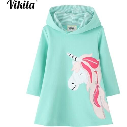 VIKITA Girls Dresses Hoodies Unicorn Cartoon Long Sleeve Autumn Winter Thick Clothes Kids Hoody Dresses for Girl