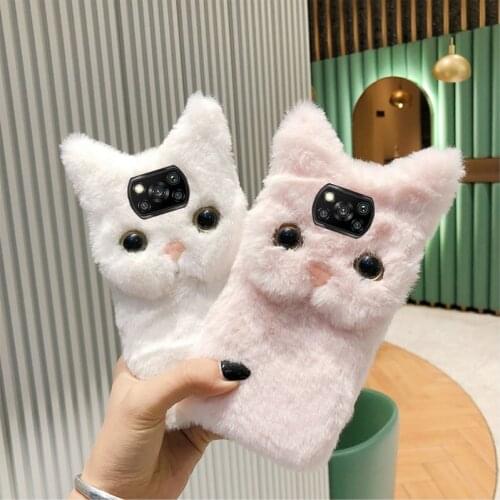 POCO X3 NFC Cases Fluffy cat Silicone Phone case For Xiaomi POCO X3 C3 Case plush Fur kitty coque cover houses For Redmi 9C Case