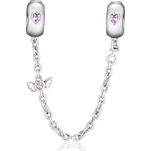Fits Pandora Charms Bracelets Bright Hearts Safety Chain, Pink Crystals Beads 925 Sterling-Silver-Jewelry DIY Making