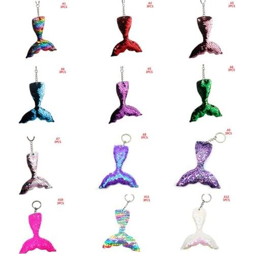 3Pcs Mermaid Tail Kids Keychain Sequins Keyring Decor Pendants for Women Bags