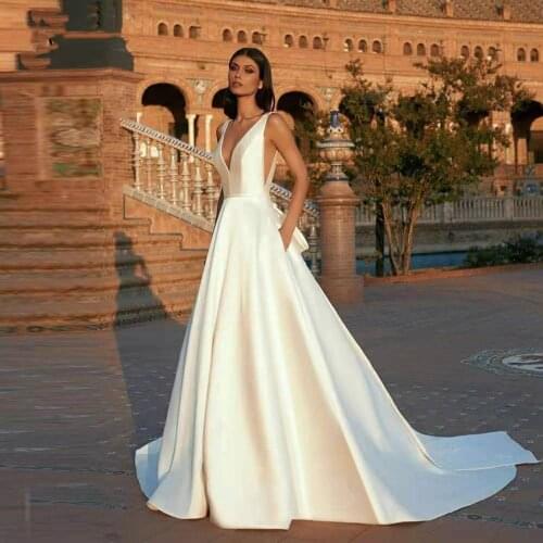 Verngo Simple One Line Satin Wedding 2021 Sheer Neck embroidery Applique Back buttons Bride Dress With Bags