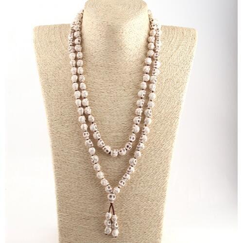 Drop Shipping Bohemian Jewelry Blue Long Knotted Tibetan Buddhism 108 Skull Heads Prayer Bead Mala Necklace