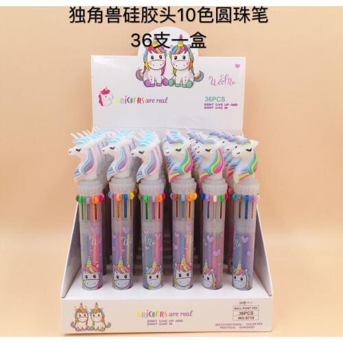 36pcs/set 1 Set Is 1box Unicorn 10 Colors Pen Silicone Ballpoint Pen Cartoon 10-colors Multi Colors Unicorn Pen