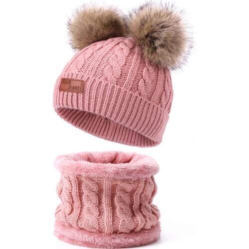 2Pcs/Set Knitted Baby Hats Scarf Maomao ball Beanie Cotton Warm Fur Caps Soft Hat For Childern Girls Boys Beanies Autumn Winte